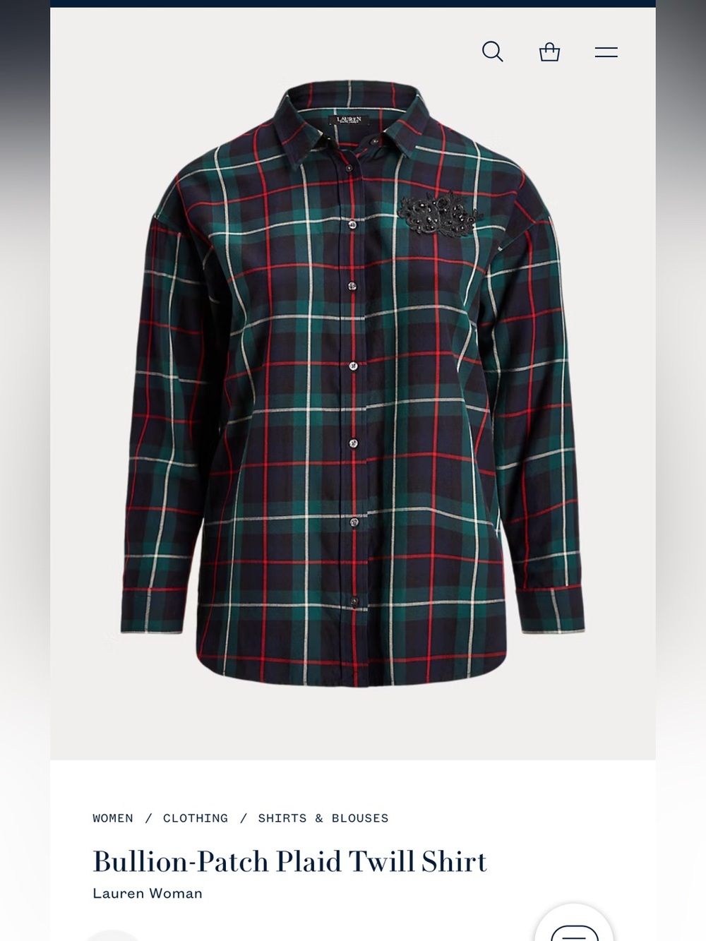 Ralph Lauren Navy/Green Tartan Plaid Button-Down Shirt with Beaded Crest.